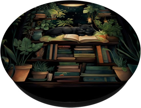 Books Cat House Plants Bookworm PopSockets Standard PopGrip, Book Lover Library Design