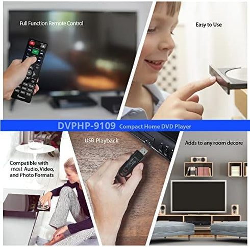 Impecca DVHP9109 Compact DVD Player for TV w/USB Input/AV, Multi-Region, AV Cables and Remote Control Included