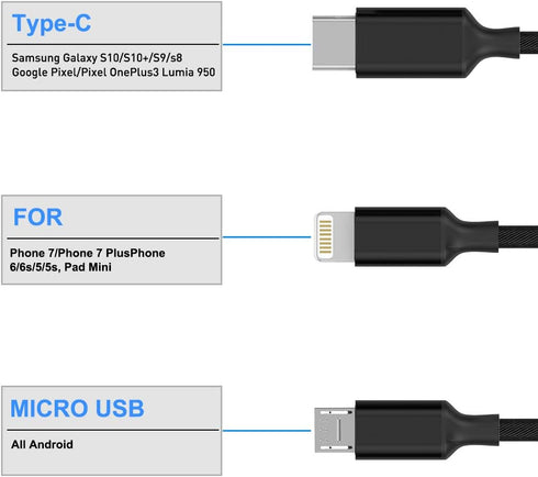 Multi 3 in 1 USB Long iPhone Charging Cable, 3M/10Ft Nylon Braided Universal Phone Charger Cord for Android, Apple,