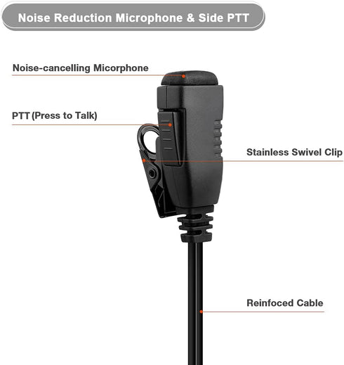 Two Way Radio Earpiece with PTT, Compatible with Kenwood 2.5mm+3.5mm 2-Pin Walkie Talkie Headsets - Single Wire Mic