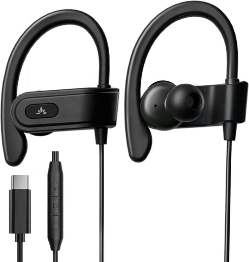 Avantree C171 Wired USB C Headphones & Microphone for Sports, with Over-Ear Hooks & In-Line Volume Control, Compatible