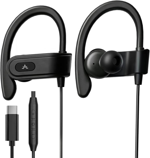 Avantree C171 Wired USB C Headphones & Microphone for Sports, with Over-Ear Hooks & In-Line Volume Control, Compatible