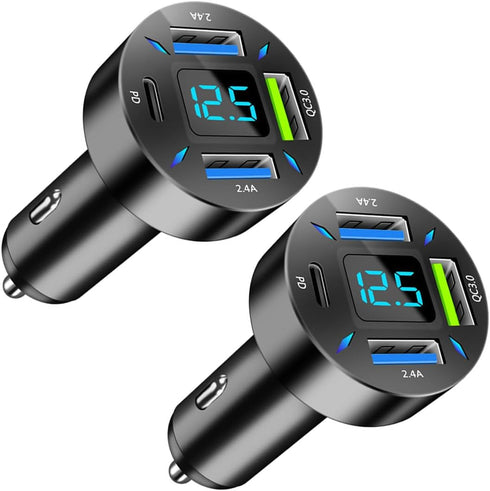 4 Ports USB Car Charger, 66W Super Fast Charging with QC 3.0, PD 20W, and USB 2.4A Adapter (2PCS)