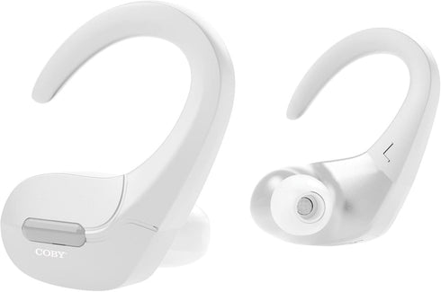 Coby True Wireless Sports Ear Buds with Over Ear Hooks | Wireless Bluetooth Earbuds | Sweatproof and Splash-Resistant | Headphones with Microphone Built-in | for Gym Sports & Running (White)