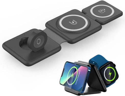 Wireless Charging Station 3 in 1 - Foldable Magnetic 15W Travel Multiple Devices Fast Charger for iPhone 15/14/13/12