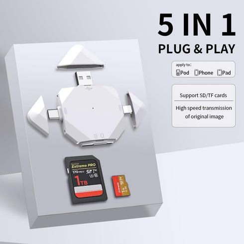Hotcatconn iPhone/ipad/Android/Mac/Computer/Camera,5 in1 New SD Card Reader for Micro SD Card Reader Trail Camera