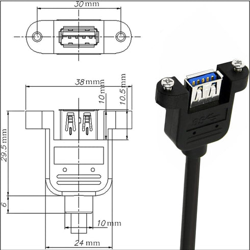 Panel-Mount USB 3.0 Extension Cable, Haokiang 1 ft/30cm Right Angle USB 3.0 Type A Male to Female with Screw Hole