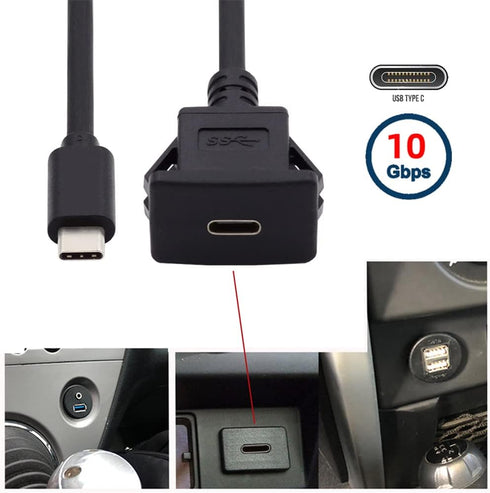 NFHK Waterproof Dustproof USB-C Type-C 10Gbps Extension Cable for Dashboard Panel, Flush Car Latch Mount