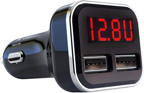 4.8A 24W Dual USB Car Charger with Volt Meter - Car Battery Monitor with LED Voltage & Amps Display in Red LED,