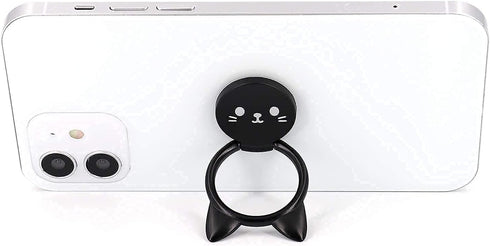 Ultra-Thin Cute Cat Metal Phone Ring Holder, 360° Rotation Kickstand for Magnetic Car Mount (Black)