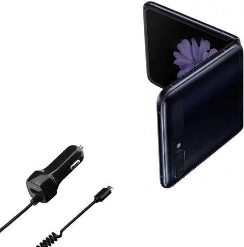BoxWave Car Charger Compatible with Samsung Galaxy Z Flip - Extra USB Port with Integrated Cable - Black