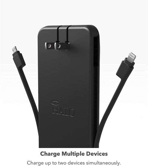 HALO 10000 AC, 10,000mAh Internal Battery with Built-in AC Wall Plug & Charging Cables, Black