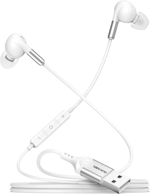DUKABEL USB in-ear Headphones, White Gaming Earphone Headset with Microphone for PC/PS4/PS5, Live Conference, Video