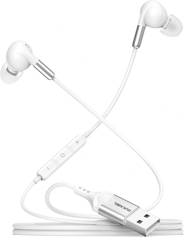 DUKABEL USB in-ear Headphones, White Gaming Earphone Headset with Microphone for PC/PS4/PS5, Live Conference, Video