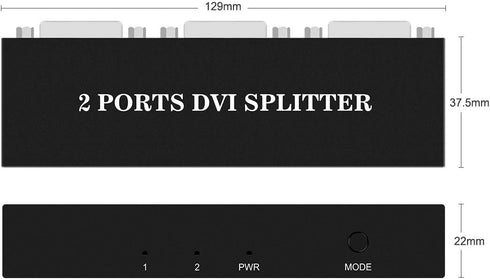 DVI Splitter 1x2, 1 In 2 Out Video Splitter HD 1080P with US Power Adapter
