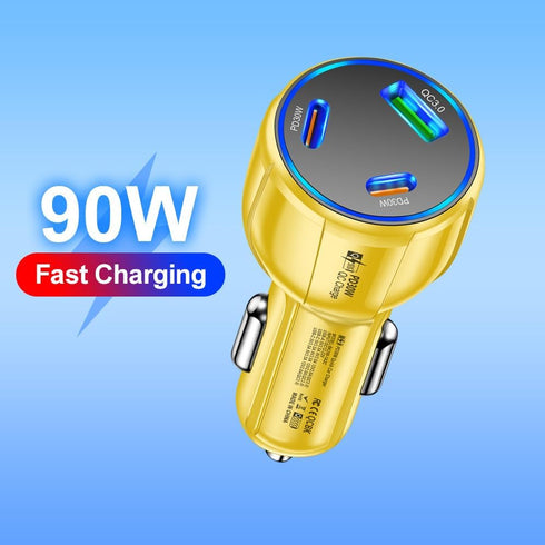 3-Port 90W USB C Car Charger, PD30W & QC3.0 Fast Car Charger Cigarette Lighter Plug Adapter for iPhone/Android/Samsung/iPad (Yellow)