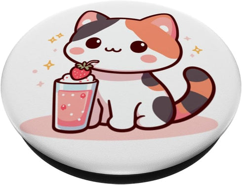 Cute Kawaii Style Calico Cat Drinking Strawberry Milk PopSockets Standard PopGrip