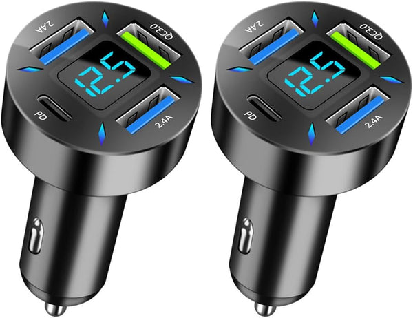4 Ports USB Car Charger, 66W Super Fast Charging USB QC 3.0 Adapter with LED Voltmeter for Most Cell Phones