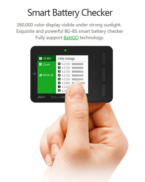 ISDT BG-8S BattGo Battery Meter, LCD Display Digital Battery Capacity Checker for NiMH, LiPo, Life, Li-ion