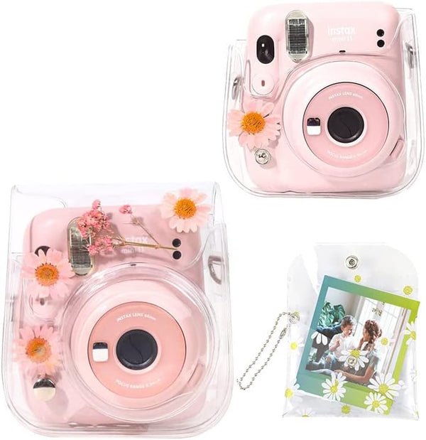 Case for Fujifilm Mini 12/11/9/8 Instant Camera, Protective Bag with Transparent Shoulder Strap (Real Flower - Pink)