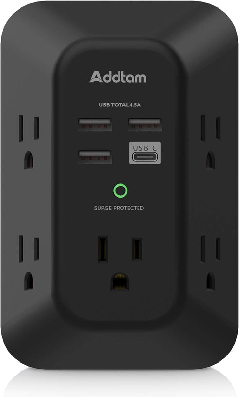 USB Wall Charger Surge Protector, Addtam 5 Outlet Extender with 4 USB Charging Ports, 3-Sided Power Strip Adapter