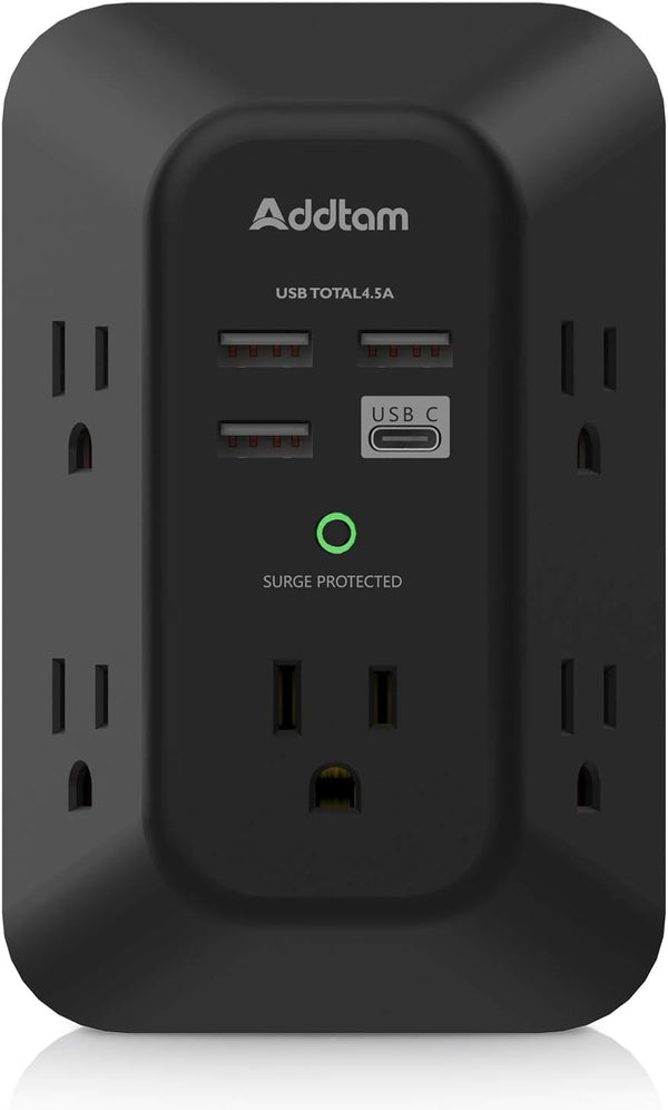 USB Wall Charger Surge Protector, Addtam 5 Outlet Extender with 4 USB Charging Ports, 3-Sided Power Strip Adapter