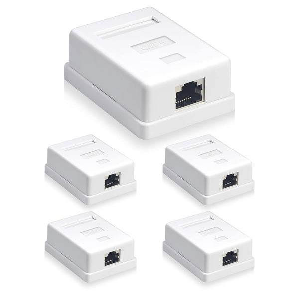 VCELINK Cat6 RJ45 Surface Mount Box | 1-Port, Compatible with UTP Cat6/Cat5e/Cat5, 5-Pack, White