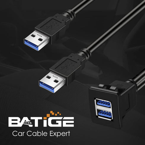 BATIGE Dual Ports Square USB 3.0 Panel Flush Mount Extension Cable for Car, Truck, Boat, 1ft
