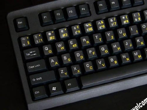 Swiss French German Keyboard Stickers, Yellow Letters on Transparent Background for Any Laptop PC Notebook