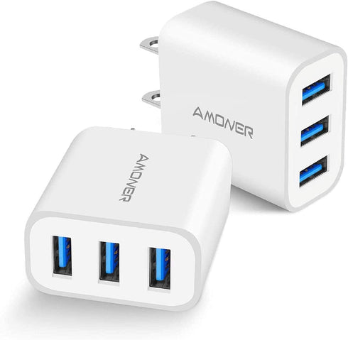 Amoner USB Wall Charger, 2-Pack Upgraded 15W 3-Port USB Charging Blocks, iPhone Plug Adapter Wall Charger Cube for