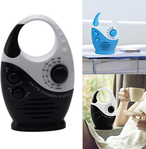 Portable Waterproof Shower Radio, 3V 0.5W Adjustable Volume AM FM Button Speaker with Top Handle (Black)