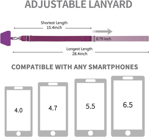 SS Adjustable Phone Lanyard, Crossbody Neck Strap & 2 Phone Tether Patches for Smartphones
