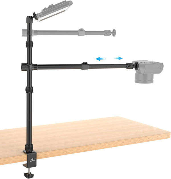 Overhead Camera Mount Table Stand with 2 Section Telescopic Arm, Adjustable Light Stand Mount for DSLR, Phone, Webcam