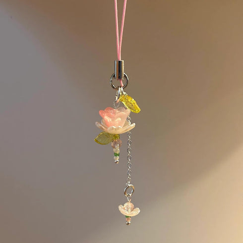 Y2K Agromusk Pink Flower Phone Charms,Cute Beaded Lotus Flower Phone Strap Handmade Decor for Women Accessories