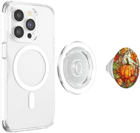 PopSockets PopGrip for MagSafe - Halloween Pumpkin Fall Leaves Round Stained Glass