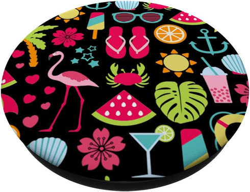 Beach Vacation Sun Glasses Flamingo Fruits Black Background PopSockets Standard PopGrip