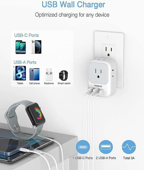 USB Wall Charger, TESSAN Wall Plug Adapter Outlet Extender, Multi Charging Station for Cruise, Office, Dorm
