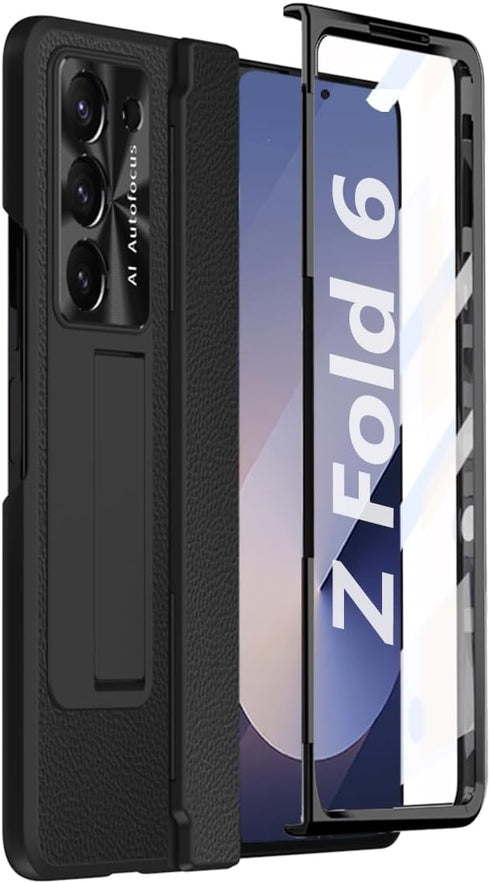 Rugged PU Leather Protective Phone Case for Samsung Galaxy Z Fold 6 with Screen Protector, Hinge Protection, Camera