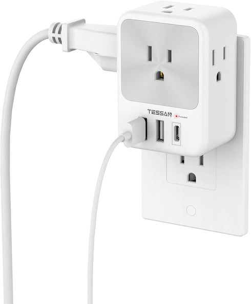 USB Plug Adapter for Wall Outlet, TESSAN USB Wall Plug with 1 USB C and 2 USB A, 4 AC Multiple Outlet Wall Plug, Surge