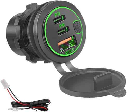 3 Ports 18W USB Car Charger with Switch - 12V-24V QC 3.0 USB & Dual PD USB C Cigarette Lighter Socket, Waterproof