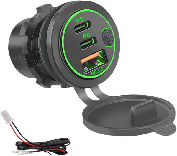 3 Ports 18W USB Car Charger with Switch - 12V-24V QC 3.0 USB & Dual PD USB C Cigarette Lighter Socket, Waterproof