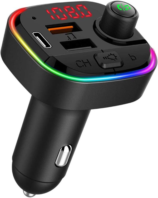 Bluetooth FM Transmitter for Car, QC3.0 & USB-C PD 18W Quick Charger, 7 Colors LED Backlit