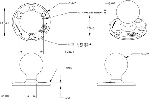 RAM Mounts Large Round Plate with D Size 2.25" Ball, RAM-D-202U