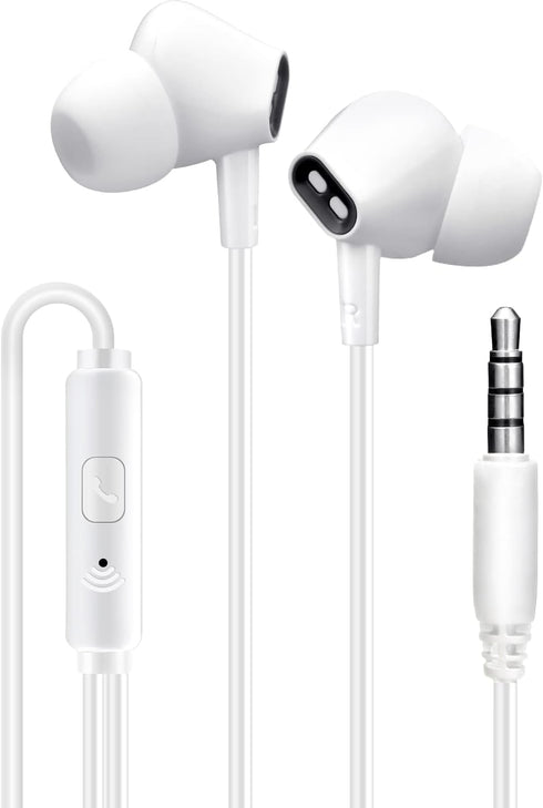 Wired Earbuds with Microphone – Noise Isolating Stereo Bass In-Ear Headphones for Smartphones, Tablets, iPads - White