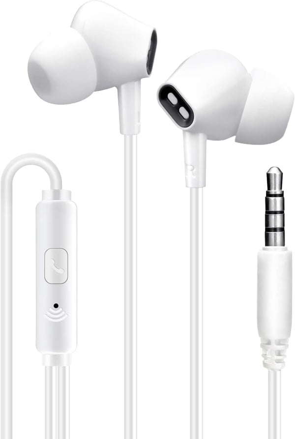 Wired Earbuds with Microphone – Noise Isolating Stereo Bass In-Ear Headphones for Smartphones, Tablets, iPads - White