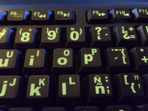 Spanish/English Keyboard Stickers with Fluorescent Inlays for All Laptop and Desktop Keyboards, Free Magnifier