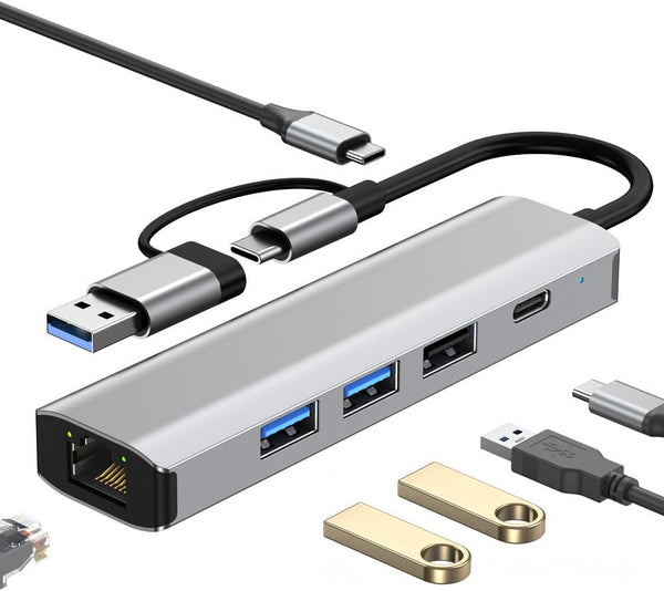 HBFQMDJLX 6-in-2 USB 3.2 Hub Docking Station, 3 USB 3.2 Ports, Gigabit Ethernet,