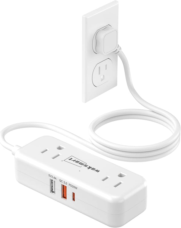 Waksmart PD20W Flat Plug Power Strip -3 Ft Flat Plug Extension Cord with