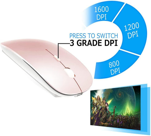 Rechargeable Bluetooth Mouse, Wireless for MacBook/MacBook Air/Pro/iPad, Laptop/Notebook/PC/iPad/Chromebook (Pink)
