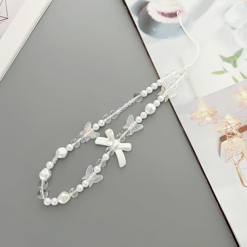White Mobile Phone Lanyard, Universal Phone Chain with Black Bow and White Pearl Beads, Anti-Lost Strap